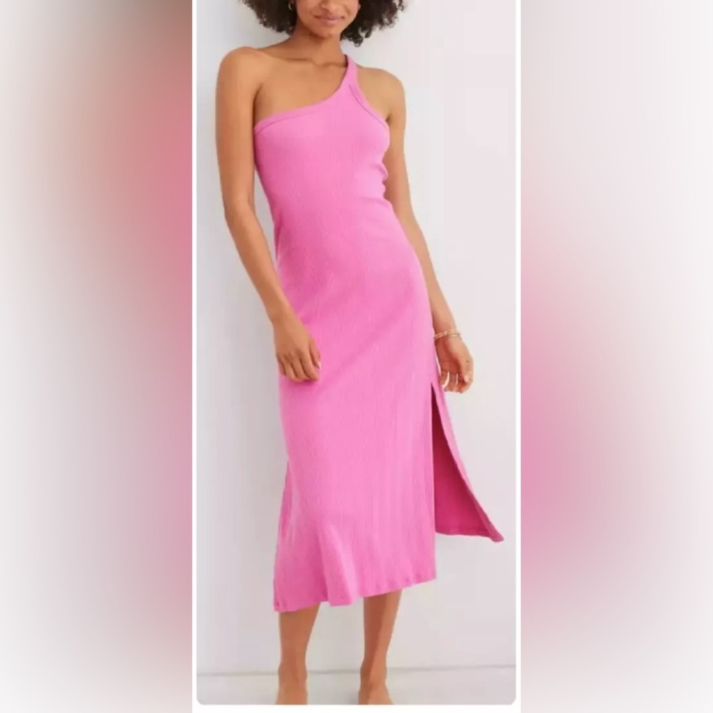 Aerie Ribbed One Shoulder Midi Dress in Pink